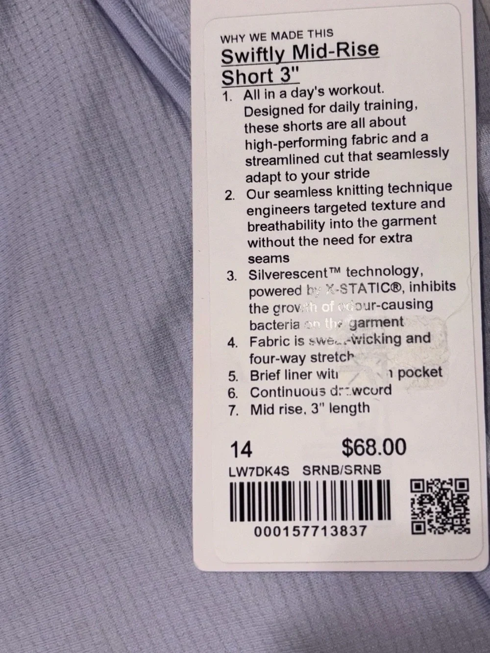 NWT•LULULEMON•SIZE 14•SWIFTLY MID RISE 3” SHORT*SERENE BLUE*AUTHENTIC*